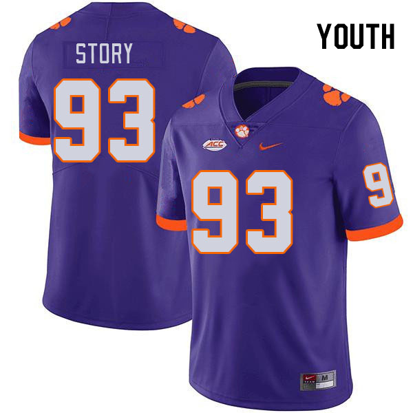 Youth #93 Caden Story Clemson Tigers College Football Jerseys Stitched-Purple